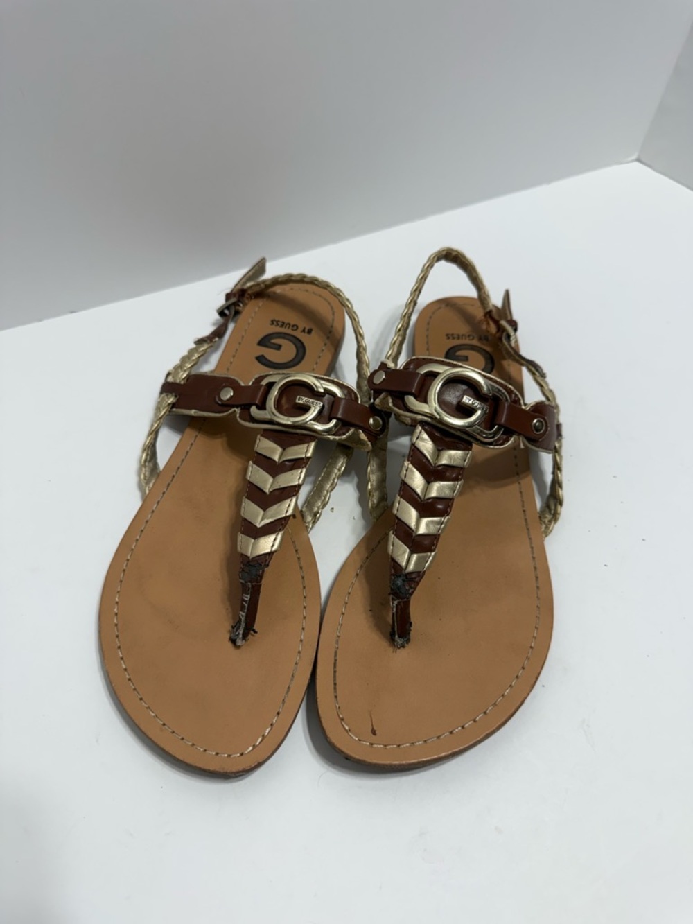 G by Guess Brown & Gold Braided T-Strap Slingback Sandals, Beach, Summertime